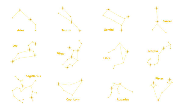 Golden gradient zodiac constellations set with twelve astrological signs on transparent background. Elegant vector illustration of horoscope symbols with stars for astrology and spiritual designs