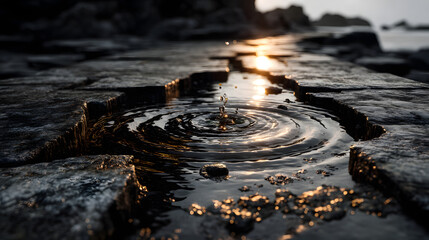 Naklejka premium Shallow puddle beside stone corridor with perfect ripples reflections and hovering grains
