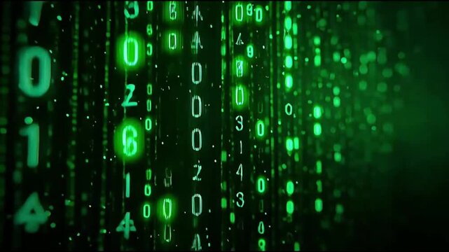 Binary Code Matrix Background with Green Numbers and Symbols.