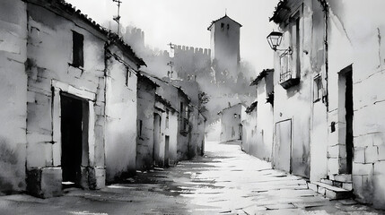 Minimalist black and white watercolor painting of an old street with cathedral in the background