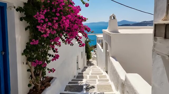 A narrow cobblestone alleyway in Greece, lined with white buildings and bright blue doors, draped in pink bougainvillea.