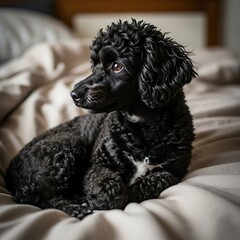 Black Poodle Lying on White Bedding.