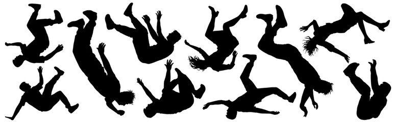A set of silhouettes of falling people depicting a person's rapid descent. Silhouettes of man falling or descending on a white background. Vector illustration
