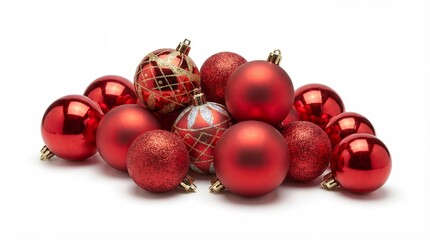 Christmas ornaments festive red and gold plaid and glitter in bright studio lighting on white background for holiday decoration