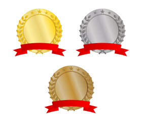 赤いリボン付き金銀銅メダルのリアル質感アワードアイコン素材