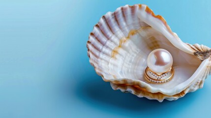 Elegant Pearl in Shell with Sparkling Rings on Soft Blue Background for Luxury and Fashion Themes