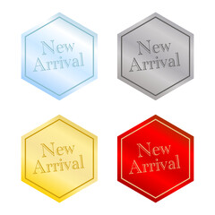 多角形フレームに収めたカラフルなNew Arrivalバッジアイコンセット