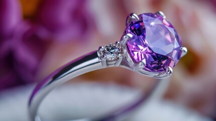 Stunning Purple Gemstone Ring with Sparkling Accents Set Against a Soft Floral Background