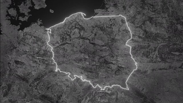 Zoom from Earth to Poland, a documentary-style dark map animation with highlighted, glowing country borders. 3d satellite world map animation highlights aerial views, tourism, and travel. 4k