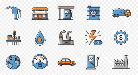 Collection of energy and industry related icons on a transparent background.