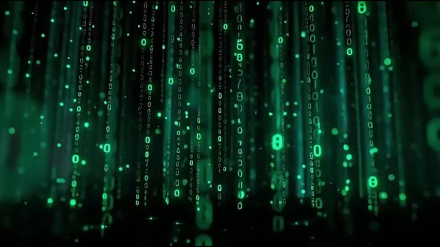 Binary Code Rain with Green Numbers and Symbols.