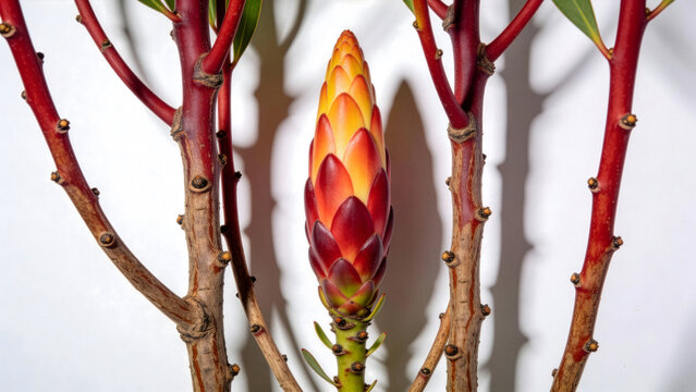 Single Red Protea Repens Sugarbush Flower Bud Isolated