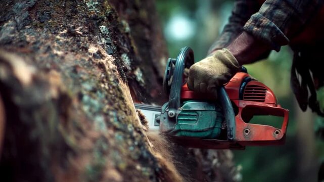 チェーンソーで木を切る作業のイメージ