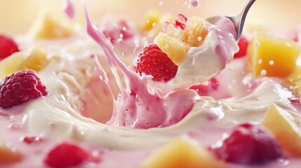 Close-up of a spoon scooping up creamy yogurt with fresh fruit toppings .
