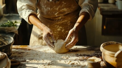 Flour-dusted apron and hands shaping a dough ball in a sunlit kitchen .