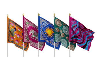 Colorful Flags with Various Designs on Poles.
