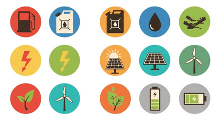 Collection of energy and fuel related icons in circles.