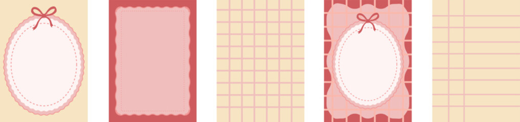 Cute Pastel Vertical Background Set with Decorative Oval Frames, Bow Accents and Soft Checkered Grid Patterns &ndash; Aesthetic Social Media Story Templates and Printable Stationery Vector