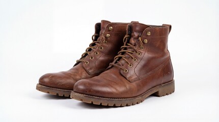 Leather work boots rugged vintage style in warm brown tones on textured sole for outdoor adventure apparel.