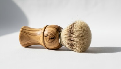 Obraz premium A beautifully crafted wooden shaving brush with a soft bristle head, showcased in natural light, emphasizing its elegant design and texture.