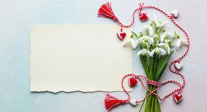 Spring background with snowdrops bouquet, blank card and traditional martisor string