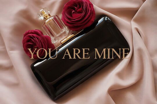 A black clutch with red roses and perfume on a pink satin background with a possessive message