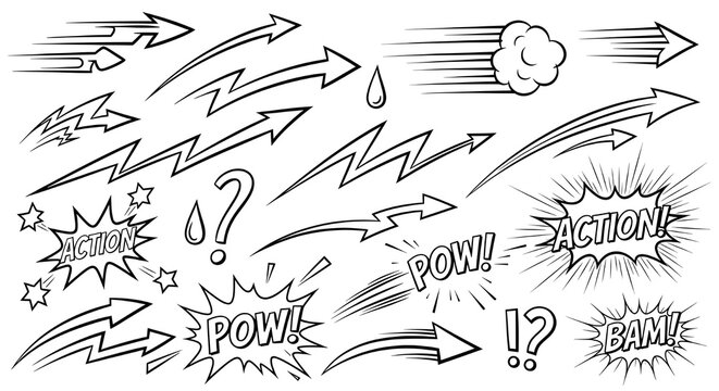 Hand-Drawn Comic Motion Lines Set: Vector Speed Arrows, Action Bursts, and Anime Expressions