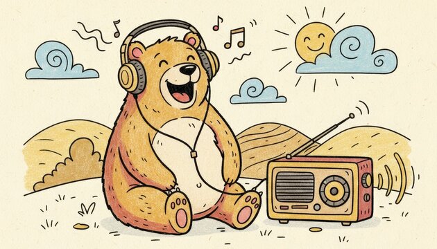 A cheerful bear wearing headphones enjoys music from a vintage radio under a sunny sky, surrounded by rolling hills and clouds.