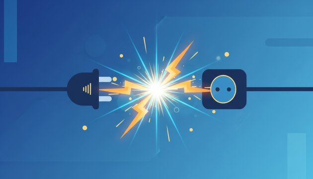 A vibrant illustration showing an electric plug and socket connected by a wire, with a burst of energy depicted between them.