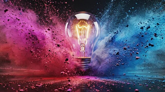 A glowing light bulb surrounded by vibrant colored powder explosion in a dark environment viewed from a slight angle