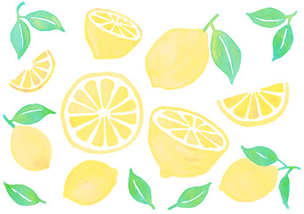 レモン、水彩、イエロー、水色、デザイン素材