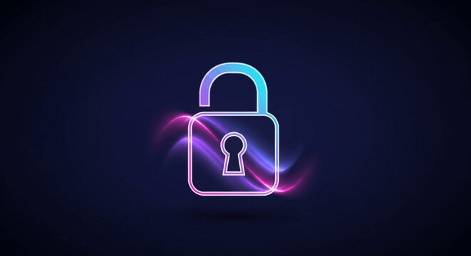 Vibrant neon glowing unlocked padlock icon symbolizing digital security and internet access