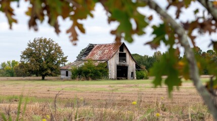 Fototapeta premium Rustic Abandoned Barn Surrounded by Nature in a Rural Landscape with Overgrown Grass and Distant Trees