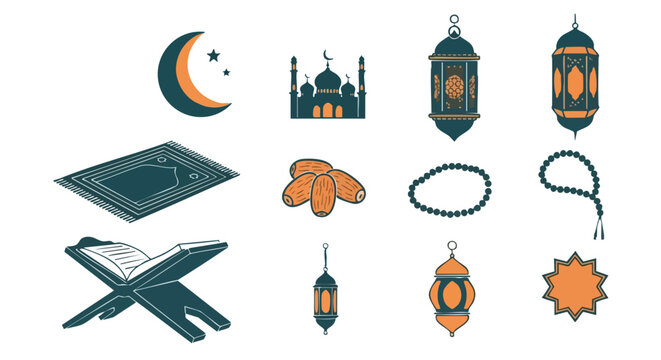 Ic&ocirc;nes Plates Bicolores dObjets Sacr&eacute;s du Ramadan
