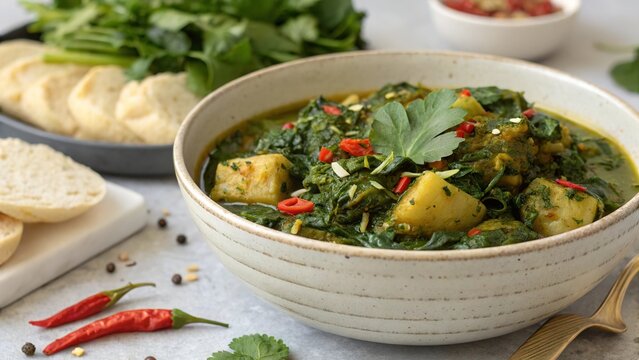 Delicious callaloo served in a bowl with fresh garnish and vibrant colors on a neutral surface