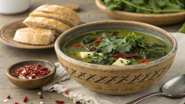 Enjoying a bowl of callaloo soup garnished with herbs and served with bread on a rustic table