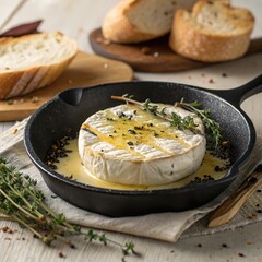 Warm camembert cheese baked in cast iron skillet served with crusty bread and herbs