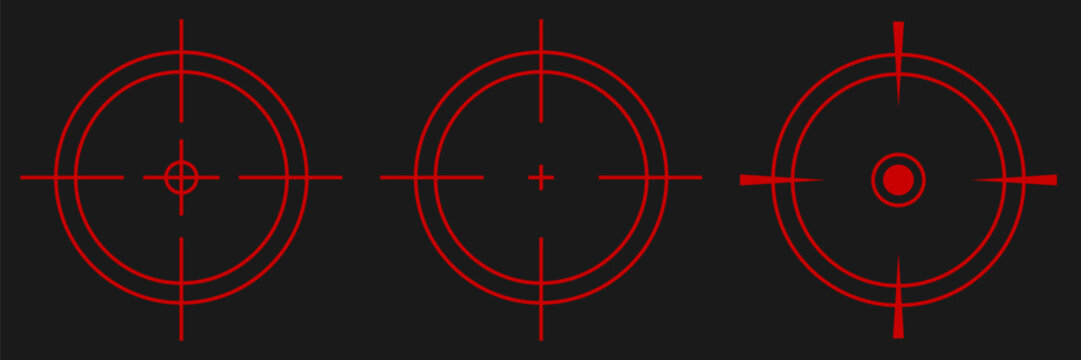 Futuristic red target reticle symbols collection. Crosshair icons for combat games, sniper scope UI, digital aiming systems, military HUD elements, and sci fi navigation displays.
