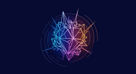 Vibrant geometric crystal art with evolving shapes and radiant energy on a deep blue background