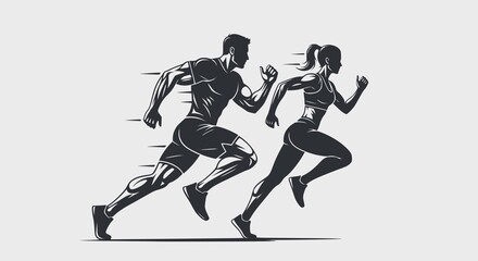 Fototapeta premium Running man and woman, isolated vector silhouettes. Run, side view. Silhouettes of athletic looking male and female runners running. JPEG version.