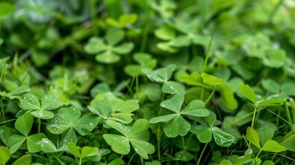 Obraz premium Fresh Green Clover Leaves in Vibrant Natural Setting with Morning Dew Drops on Foliage Capturing Nature's Beauty