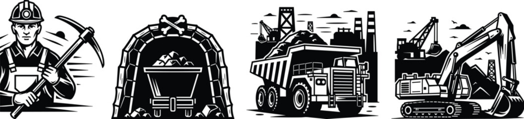 Coal mining industry vector set with miner holding pickaxe, mine tunnel entrance, heavy dump truck and excavator machine, black and white illustration © Sagar Creative