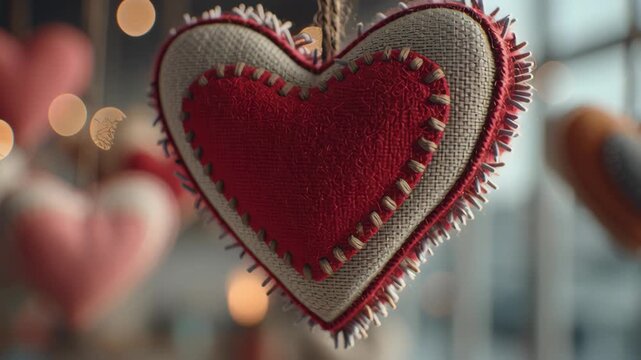 Valentine day in eco friendly concept. heart fabric handmade eco friendly valentine decoration romantic love gift hanging textile heart ornament with stitch detail warm light bokeh cozy background