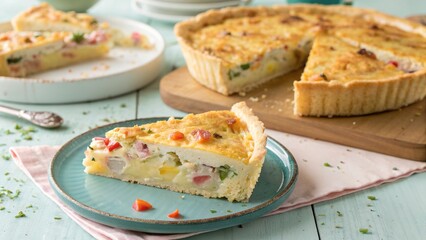 Caribbean macaroni pie slices served on a pastel surface with colorful ingredients for a vibrant meal