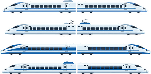 High speed bullet train vector set, modern electric railway locomotive and passenger carriage side view, public transport vehicle collection isolated on white © Sagar Creative