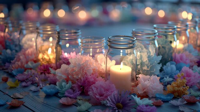 Valentine day in eco friendly concept. Romantic candle jar flower romance eco friendly valentine evening decoration with heart petals on wooden floor, dreamy pastel petal circle glow tonight