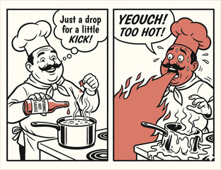 Retro Cartoon Chef Suffering Extreme Hot Sauce Heat - Vintage Style Comic