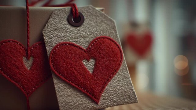 Valentine day in eco friendly concept. valentine eco friendly heart gift tag decor with felt love romance design on rustic box and recycled paper twine, warm bokeh light for cozy holiday celebration