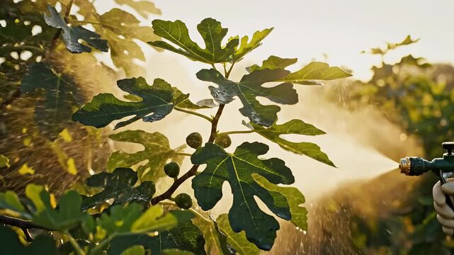 Gardener sprays water on fig tree leaves with small figs in golden hour sunlight