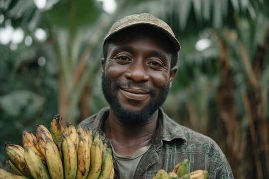 African farmer smiling holding fresh ripe bananas